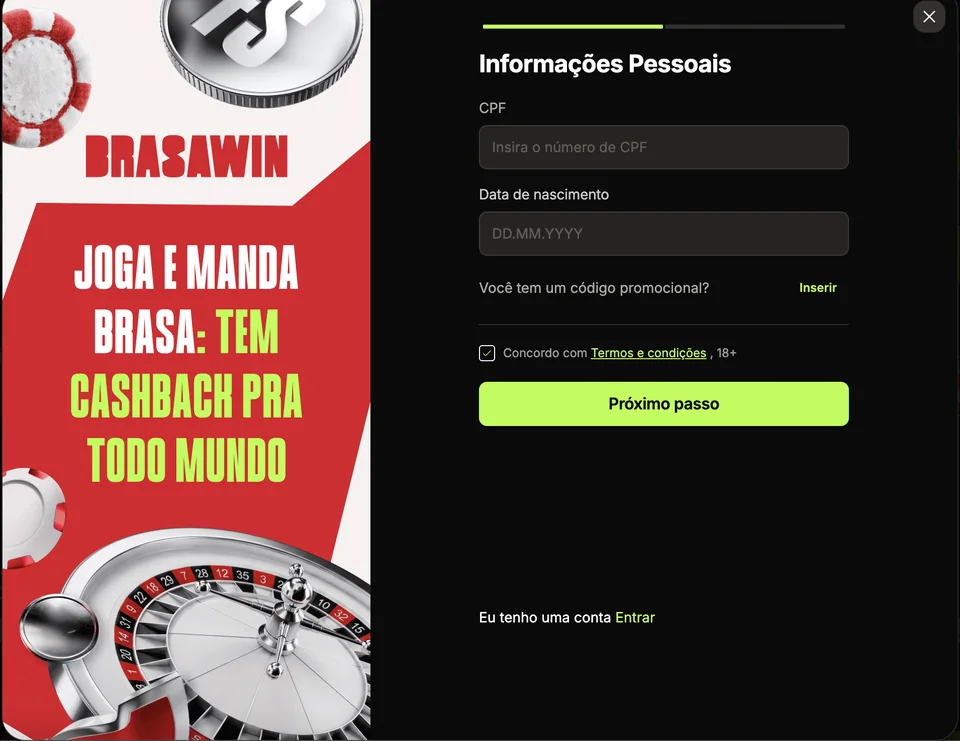 Etapa Informações Pessoais do cadastro da Brasawin com CPF, data de nascimento e código promocional