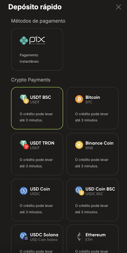 Painel Depósito rápido da Brasawin com Pix instantâneo e opções de cripto